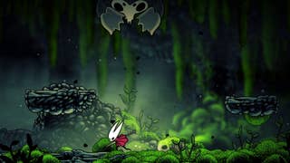 Hornet sprints beneath a vomiting bug in Hollow Knight: Silksong