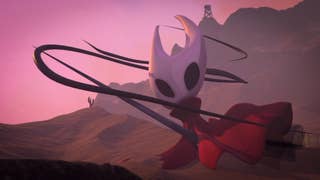 An illustration of Hollow Knight Silksong main character Hornet, against a brownish landscape and pinkish sky.