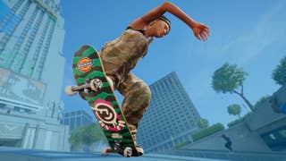 A female skater grinds a rail in a sunny, concrete paradise.