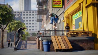Skate official image showing a skater jumping over a railing outside a yellow storefront, other skaters nearby.