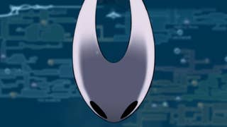 Image showing the Hornet's head from Silksong over a blue-hued background of underground tunnels in Hollow Knight: Silksong.
