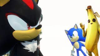 Shadow and Sonic face each other with Peely the Banana from Fortnite waving
