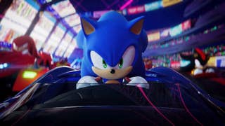 Sonic Racing: CrossWorlds showing characters from the Sonic series racing