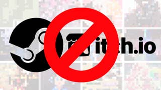 A red prohibition sign overlaid on the Steam and itch.io logos. Images of heavily pixellated games are visible in the background.
