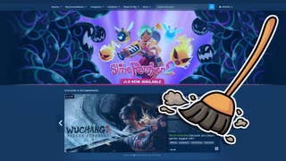 A screenshot of the Steam Store homepage with a cartoon-style, sweeping broomstick overlaid over the top.