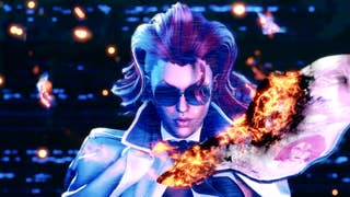 C. Viper Street Fighter 6 character in sunglasses looks forward with flaming document in the air