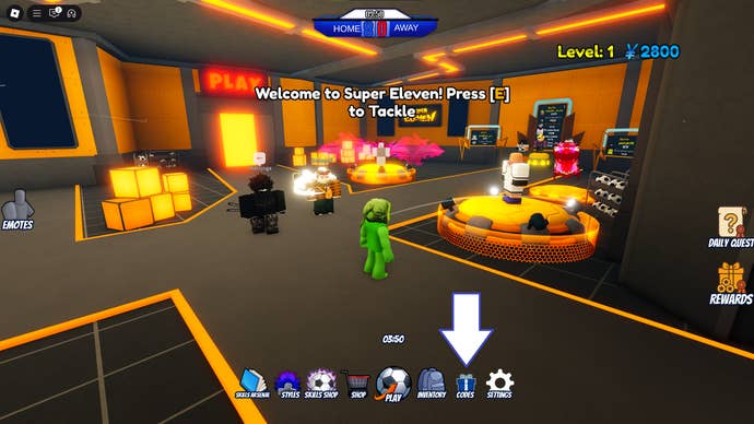 A screenshot of Super Eleven in Roblox showing the game's codes button.