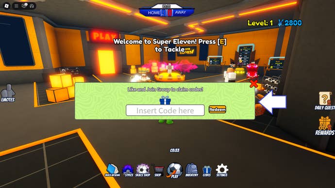 A screenshot of Super Eleven in Roblox showing the game's codes field.