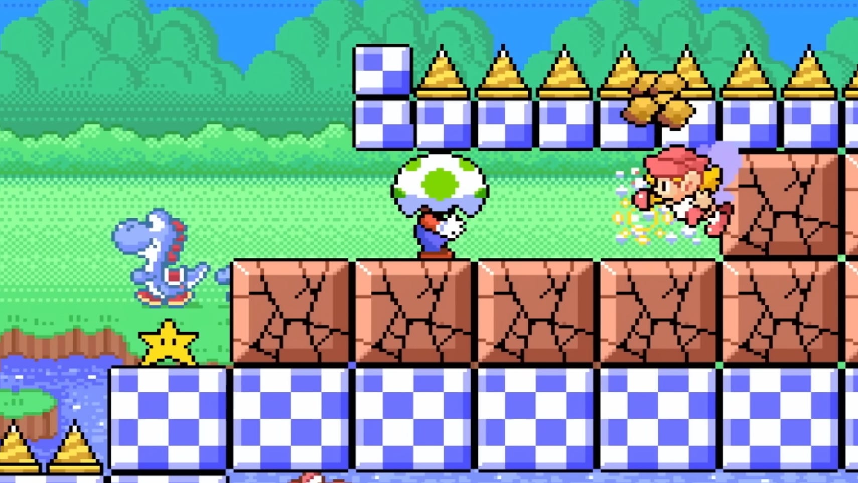 Mario &amp; Wario screenshot showing sidescrolling pixel Mario with egg on head being guided by fairy