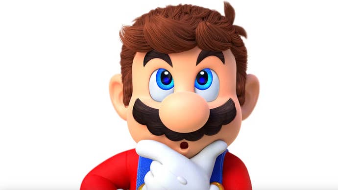 The iconic video game character Super Mario, who is not wearing his trademark cap and looking surprised.