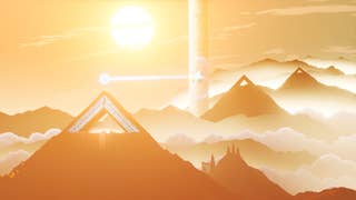 Sword of the Sea screenshot showing mountaintops with pyramid tips against golden sun and clouds