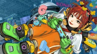 The female mascot - an anime style girl holding a controller - sits over the top of twoo images from the show floor at Tokyo Games Show.