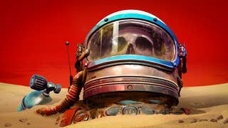 An illustration of a vintage-style space suit lodged in the ground with a wasted astronaut within. The skin has been stripped from their bones and only a bony skull is now visible. They are buried in the sand and the sky is red and threatening above them. This is the key art for The Invincible.