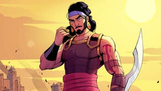 The Rogue Prince of Persia illustrated artwork showing a comic book style Prince against the backdrop of a yellow sky and smouldering city.