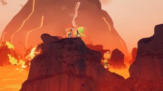 Three characters in Peak climbing beside an active volcano. There is a lot of lava