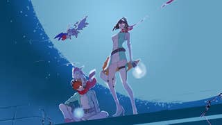 Two young protagonists stand on a roof, overlooking the town below, with the moon huge behind them.