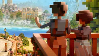 Town to City promotional art showing two people standing on a balcony overlooking a beautiful, voxelly Mediterranean city.