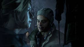 Until Dawn composite image showing Hayden Panettiere as Samantha, Rami Malek as Joshua, and the silhouette of a person holding a machete, all superimposed over an eerie winter scene.