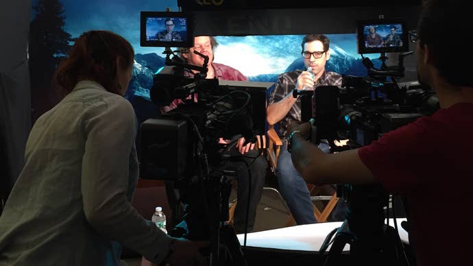 Larry Fessenden and Graham Reznick in front of a camera to promote Until Dawn.