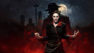 Artwork showing a vampire lady grimacing and holding her hands out beside her, in a mist of blood, as if conjuring it around her. A pale moon shines in the distance.