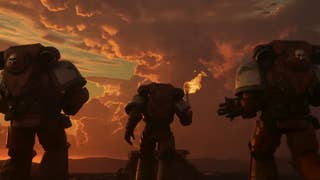 Dawn of War 4 reveal trailer screenshot showing three Space Marines walking away from the camera at dusk, one holding a flaming torch