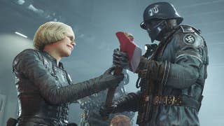Wolfenstein 2 The New Colossus screenshot showing a blond haired character handing an axe over to a Nazi in a helmet and mask