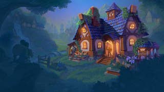 A house in World of Warcraft, lit up in warm colours through small windows, sitting in a woodland glade.