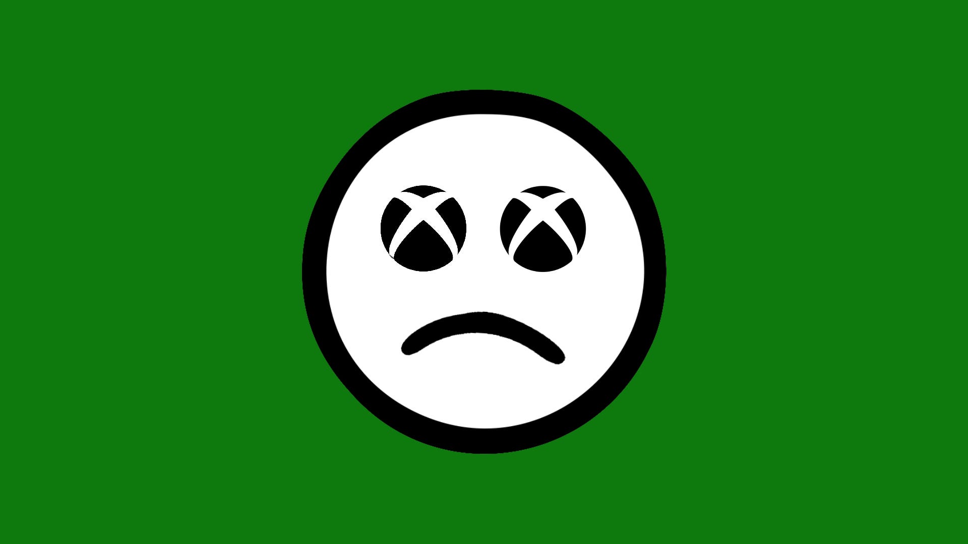 A sad face emoji with two Xbox X symbols for eyes, on an Xbox Green background