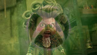 An angry marionette puppet with curly Victorian-wig-style hair,  with the spherical green Xbox logo overlaid on top.